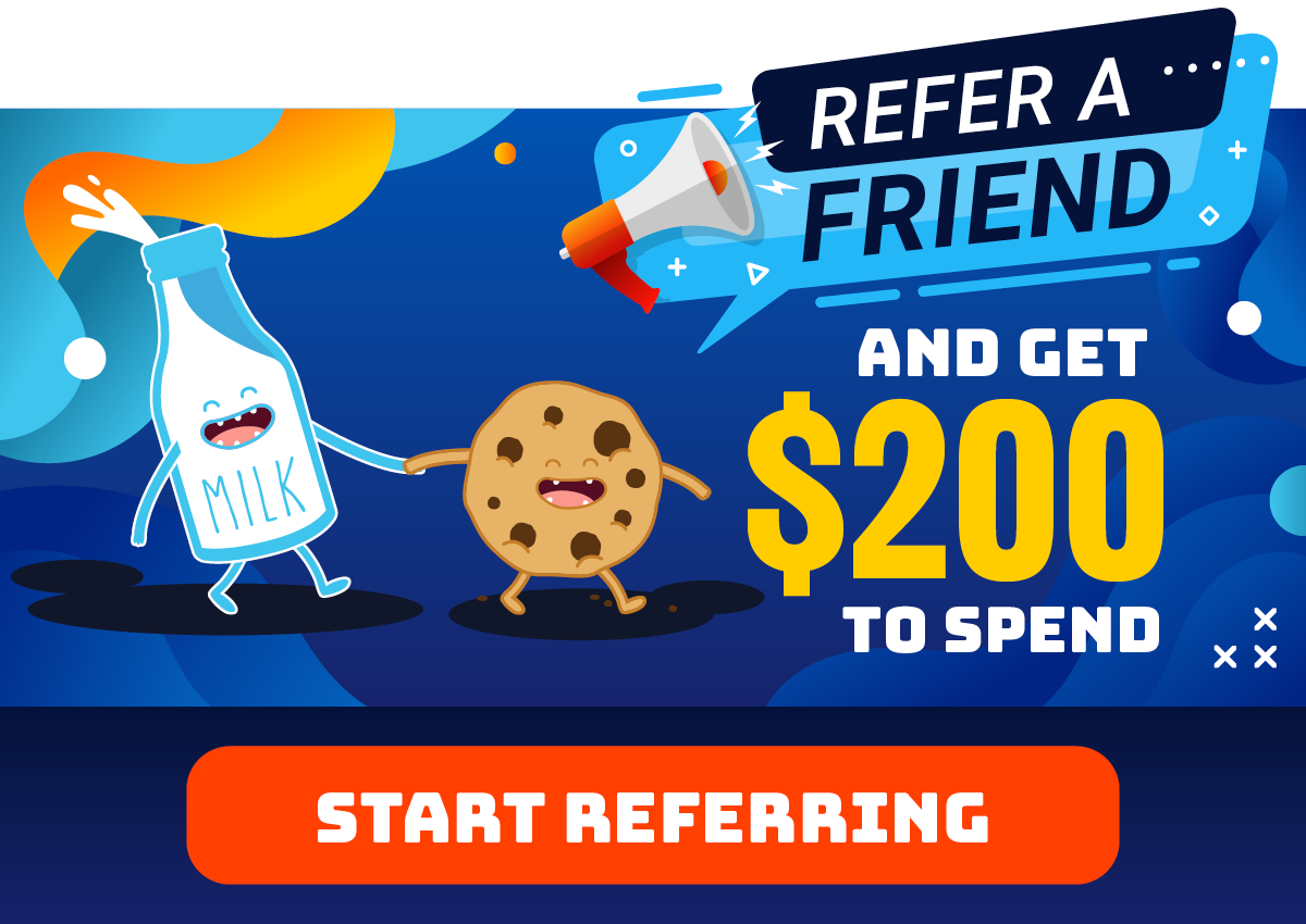 Friends: Milk and Cookie walking and smiling. Refer a Friend and get $200 to Spend